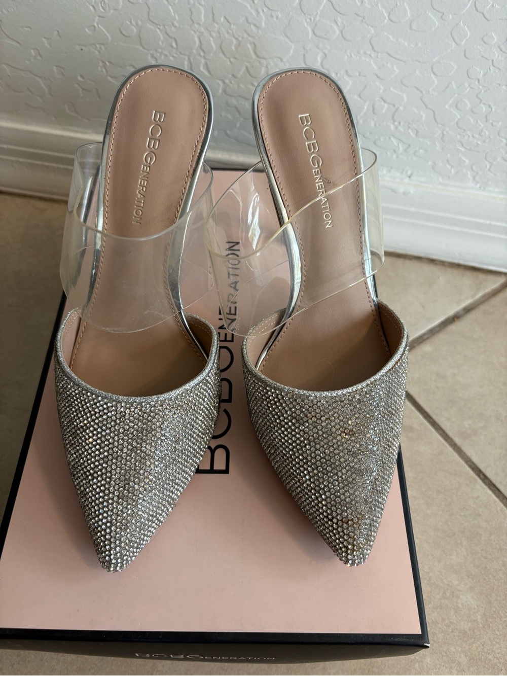 BCBGeneration Harlina Silver Rhinestone Clear Strap Stiletto Heels Size 6.5 - Picture 2 of 10